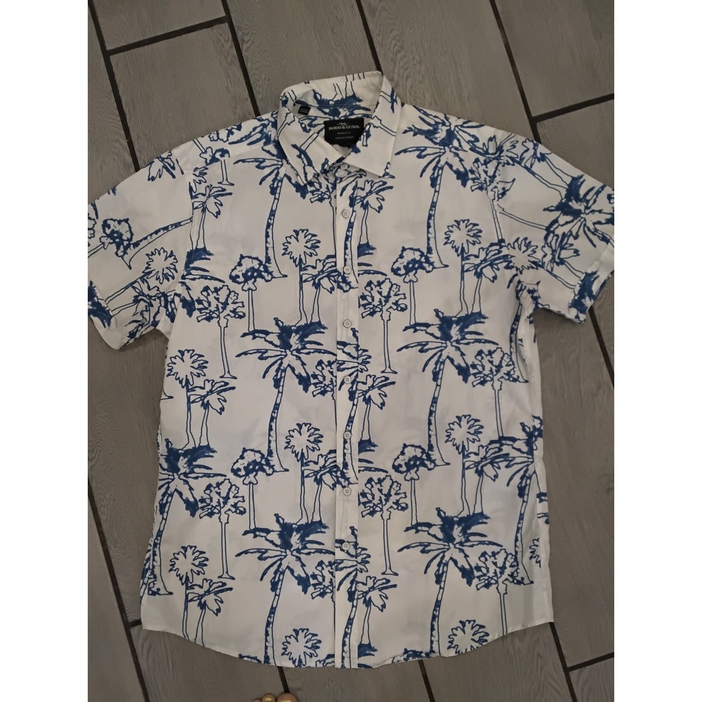 Rodd & Gunn Mens Large White Blue Palm Tree Italian Fabric Sports Fit Shirt L